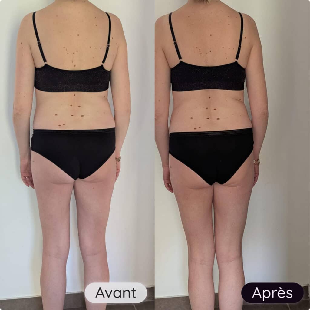 Avant et après cliente du programme coup de boost spécialisé péri-ménopause et ménopause de derrière